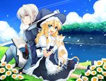  1girl :d blonde_hair book braid cat cloud day flower glasses grass green_eyes hat hat_ribbon holding kirisame_marisa long_hair mi_(liki1020) morichika_rinnosuke open_book open_mouth ribbon silver_hair single_braid sitting sky smile touhou witch_hat 