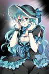  aqua_hair arm_garter bow breasts cleavage dress frills green_eyes hat hat_ribbon long_hair lowres mca_(dessert_candy) medium_breasts nail_polish ribbon solo sword_girls very_long_hair wavy_hair 