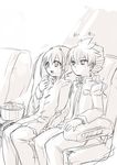  bad_id bad_pixiv_id eating food hair_ornament hakuryuu_(inazuma_eleven) inazuma_eleven_(series) inazuma_eleven_go long_hair male_focus monochrome movie_theater multiple_boys open_mouth popcorn short_hair shuu_(inazuma_eleven) sitting sketch tobi_(one) 