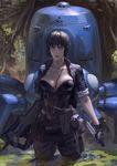  black_hair blue_eyes breasts cleavage cyberpunk dual_wielding fingerless_gloves ghost_in_the_shell ghost_in_the_shell_stand_alone_complex gloves gun highres holding holster knife kusanagi_motoko large_breasts lips realistic reverse_grip rifle robot science_fiction short_hair solo swamp tachikoma wading water weapon xiaji 
