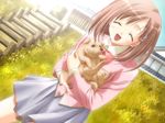  1girl belt brown_hair canvas cocktail_soft dog dutch_angle eyes_closed f&amp;c game_cg gayarou hair_ornament hairclip holding hug lift open_mouth plaid_skirt pleated_skirt puppy ribbon school_uniform short_hair skirt sky smile tachibana_amane 