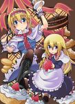  :&lt; alice_margatroid apron arm_up blonde_hair blue_dress blue_eyes blush boots bow breasts cake capelet chocolate_cake cross-laced_footwear dress eating food food_on_face fork fruit hairband highres irie_keisuke_(handn) long_hair long_sleeves looking_at_viewer medium_breasts plate puffy_sleeves ribbon shanghai_doll short_hair short_sleeves strawberry touhou waist_apron whipped_cream wrist_cuffs wrist_ribbon 