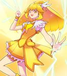  31_(bluesan) ;d bike_shorts blonde_hair bow bowtie brooch choker cure_peace hair_flaps highres jewelry kise_yayoi long_hair magical_girl one_eye_closed open_mouth precure shorts shorts_under_skirt skirt smile smile_precure! solo v wrist_cuffs yellow yellow_background yellow_bow yellow_eyes yellow_shorts yellow_skirt 