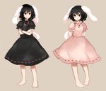  alternate_color animal_ears arms_behind_back barefoot black_hair bunny_ears bunny_tail crossed_arms dress dual_persona full_body grin inaba_tewi inazakura00 jewelry multiple_girls pendant pigeon-toed player_2 red_eyes short_hair simple_background smile tail touhou 