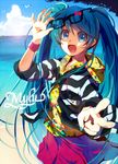  aqua_hair beach bird blue_eyes bracelet cloud day glasses hatsune_miku jewelry k.ei lens_flare long_hair open_mouth outdoors solo striped twintails v very_long_hair vocaloid water 