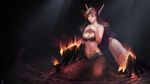  black_wings breasts burning circlet cleavage fiery_hair fire highres instant_ip league_of_legends lips long_hair md5_mismatch medium_breasts morgana pointy_ears purple_hair red_eyes sitting solo widescreen wings 