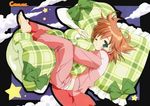  1girl barefoot blush canvas hug pajamas pillow pillow_hug pillows ribbon solo tachibana_amane wink 