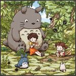  border brown_hair cat's_cradle crosshatching enola_(ebanataw) forest hair_bobbles hair_ornament hat hat_removed headwear_removed kusakabe_mei kusakabe_satsuki leaf_umbrella lizard multiple_girls nature sitting squatting studio_ghibli susuwatari tonari_no_totoro totoro twintails windowboxed 