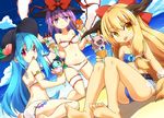  :o :p adapted_costume bare_shoulders barefoot beach bikini blonde_hair blue_hair brown_hair cloud day double_scoop dutch_angle food food_on_face fruit groin hat highres hinanawi_tenshi horns ibuki_suika ice_cream ice_cream_cone jitome kneeling kotomuke_fuurin long_hair looking_at_viewer multiple_girls nagae_iku navel objectification open_mouth outdoors peach purple_eyes purple_hair red_eyes ribbon short_hair sitting sky swimsuit toes tongue tongue_out touhou very_long_hair wariza water 
