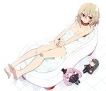  bad_id bad_pixiv_id banned_artist barefoot bath bathtub blonde_hair blush breasts cleavage collarbone doll feet full_body harano interlocked_fingers medium_breasts nude original red_eyes short_hair smile soap_bubbles solo stretch tiles toes water 