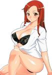  bra breasts cleavage dress_shirt highres kawada_tomoko kimi_kiss large_breasts lingerie long_hair looking_at_viewer mature nail_polish panties red_eyes red_hair see-through shirt simple_background teacher unagimaru underwear 