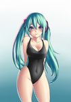  absurdres aqua_hair arms_behind_back bad_id bad_pixiv_id bare_shoulders blue_eyes blush breasts cleavage competition_swimsuit covered_navel hatsune_miku highres lips long_hair looking_at_viewer medium_breasts one-piece_swimsuit smile solo swimsuit twintails vocaloid yin-ting_tian 