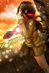  bad_id bad_pixiv_id breath brown_eyes brown_hair coat hands_on_own_face highres ichinose777 kneehighs lens_flare long_hair original pleated_skirt profile red_scarf scarf school_uniform skirt snowing solo sunset tears white_legwear 