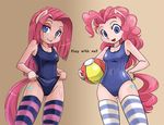  animal_ears anthro anthrofied ball blue_eyes cutie_mark dual_persona duo english_text equine female friendship_is_magic hair horse human humanized looking_at_viewer mammal my_little_pony one-piece_swimsuit open_mouth pink_hair pinkamena_(mlp) pinkie_pie_(mlp) plain_background pony pull shepherd0821 smile socks solo square_crossover straight_hair swimsuit text 