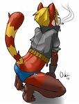  blonde_hair butt cigarette ear_piercing hair male mammal oiku panties piercing red_panda smoking solo underwear 