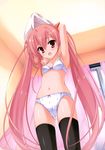  :o absurdres black_legwear blush bow bow_bra bow_panties bra clover curtains diamond_(shape) fang from_below heart hidan_no_aria highres kanzaki_h_aria kobuichi lingerie long_hair looking_at_viewer looking_down navel open_mouth panties pink_eyes pink_hair print_bra print_panties scan shiny shiny_skin solo spade_(shape) thighhighs twintails underwear underwear_only undressing very_long_hair white_bra white_panties window 