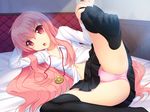  arm_support bed black_legwear blush breasts highres kageira long_hair louise_francoise_le_blanc_de_la_valliere lying navel on_side open_mouth panties pentacle pink_hair pink_panties red_eyes skirt small_breasts solo sweatdrop thighhighs underwear zero_no_tsukaima 