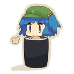  bare_shoulders blue_eyes blue_hair chibi food hair_bobbles hair_ornament hat in_container in_food katsudansou kawashiro_nitori makizushi minigirl oversized_object short_hair smile solo sushi touhou two_side_up white_background 