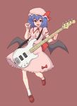  bat_wings blue_hair electric_guitar fang g&amp;l_guitars gazacy_(dai) guitar hat hat_ribbon instrument open_mouth puffy_sleeves red_background red_eyes remilia_scarlet ribbon short_hair short_sleeves solo touhou wings wrist_cuffs 