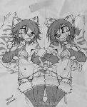  anthro bell breasts cherry_(macmegagerc) clothed clothing collar duo felicia_(tailsrulz) feline female greyscale legwear macmegagerc mammal monochrome panties skimpy smile standing thigh_highs tiger topless underwear 