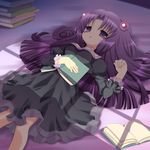  book breasts clannad dress hair_bobbles hair_ornament ichinose_kotomi long_hair lying medium_breasts on_back open_book purple_eyes purple_hair solo touko_(tokotoko) two_side_up 