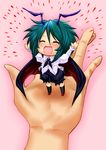  antenna_hair blush cape chibi closed_eyes green_hair hands in_palm long_sleeves madara_inosuke minigirl open_mouth out_of_frame outstretched_arms pov pov_hands puffy_sleeves short_hair shorts solo_focus standing touhou wriggle_nightbug 