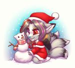  2018 anthro biped bow canine chibi christmas clothed clothing digital_media_(artwork) fur grey_fur hat heterochromia holidays invalid_tag legwear lockworkorange mammal multi_tail purple_eyes red_eyes santa_hat simple_background smile snow snowman stockings streaked_hair wings wolf 