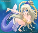  bad_id bad_pixiv_id blue_eyes cosplay fang ginko_(silver_fox) little_busters! long_hair mermaid monster_girl noumi_kudryavka one_piece shell shell_bikini shirahoshi shirahoshi_(cosplay) silver_hair solo 