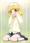  blonde_hair blush cardigan hairband highres kise_yayoi nanairogaoka_middle_school_uniform open_mouth peacemaker777 ponytail precure school_uniform short_hair sitting skirt smile_precure! solo tears white_hairband yellow_eyes 