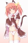  animal_ears blush bow cat_ears cat_tail dress dress_lift hair_ribbon highres holding long_hair maid maid_headdress original panties red_eyes red_hair ribbon simple_background solo tail thighhighs twintails underwear white_background white_legwear white_panties yuu_(yu0221f) 