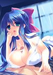  bar_censor bare_shoulders blue_eyes blue_hair bow bra breasts censored cleavage collarbone curtains eyebrows_visible_through_hair hair_bow hayase_miyuki highres large_breasts long_hair lying_on_person non-web_source open_mouth paizuri panties penis sanom solo_focus strap_slip tongue triangle! trif underwear underwear_only white_bra white_panties window 
