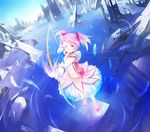  arrow blue_sky bow bow_(weapon) bubble_skirt choker day drawing_bow flood gloves glowing glowing_weapon hair_bow holding holding_arrow holding_bow_(weapon) holding_weapon jewelry kaname_madoka kyokucho looking_at_viewer magical_girl mahou_shoujo_madoka_magica outstretched_arm panties partially_immersed pendant petticoat pink_eyes pink_hair pink_skirt puffy_sleeves ruins short_hair short_sleeves short_twintails skirt sky solo twintails underwear water weapon white_gloves 