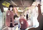  :d bicycle black_hair brown_hair coat finger_frame ground_vehicle multiple_girls open_mouth original out_of_frame pov pov_finger_frame real_world_location road road_sign scarf sign skirt smile street toi8 tokyo_(city) tree v w 