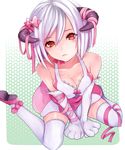  bare_shoulders breasts cleavage gloves halftone halftone_background horn_ribbon horns looking_at_viewer medium_breasts original paw_gloves paws red_eyes ribbon settyaro short_hair silver_hair sitting solo wariza white_hair 