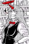  absurdres balancing barmaid bow bowtie breasts cabinet cuffs cup gourd grin hand_on_hip highres horn hoshiguma_yuugi ibuki_suika long_hair medium_breasts monochrome one_eye_closed sakazuki shackles smile solo spot_color touhou tres-iques vest 