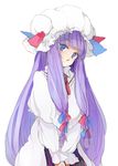  blue_eyes hat long_hair looking_at_viewer myuu_(hellomagic) patchouli_knowledge purple_hair simple_background solo touhou upper_body v_arms very_long_hair white_background 