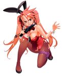  absurdres animal_ears bare_shoulders between_breasts black_legwear breasts bunny_ears bunnysuit cleavage detached_collar fang full_body glasses gun hair_ribbon handgun high_heels highres highschool_of_the_dead large_breasts long_hair one_knee open_mouth pantyhose pink_hair pistol ribbon satou_shouji scan shoes simple_background solo submachine_gun sweat takagi_saya thigh_strap torn_clothes torn_legwear twintails weapon white_background wrist_cuffs yellow_eyes 