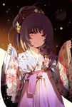  brown_hair hair_ornament japanese_clothes kimono original red_eyes samail smile solo 