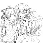  alternate_costume casual contemporary friends fujiwara_no_mokou greyscale grin kamishirasawa_keine long_hair monochrome multiple_girls no_hat no_headwear one_eye_closed smile tora_jun touhou 