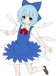  blue_hair bow cirno detached_wings grin hair_bow ice ice_wings outstretched_arms puffy_sleeves short_hair short_sleeves smile solo takemori_shintarou touhou white_background wings 
