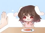  1girl animal_ears brown_hair bunny_ears carrot chibi female fork inaba_tewi nyannyannyannyan open_mouth plate red_eyes saliva solo spoon table touhou 