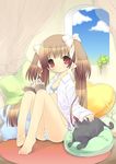  bra brown_hair cat copyright_request heart long_hair looking_at_viewer panties pantyshot pantyshot_(sitting) red_eyes sitting smile solo striped striped_panties touko_(tokotoko) twintails underwear very_long_hair 