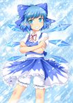  bloomers blue_eyes blue_hair blush bow cirno crossed_arms grin hair_bow highres ice ice_wings kochi-goori pointy_ears short_hair skirt skirt_set smile snow solo teeth touhou underwear wings 