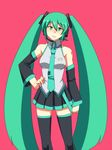  blush detached_sleeves gazacy_(dai) green_eyes green_hair hand_on_hip hatsune_miku long_hair necktie open_mouth pink_background solo thighhighs twintails vocaloid 