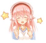  :d ^_^ blush closed_eyes headphones highres long_hair nitroplus okitakung open_mouth pink_hair raglan_sleeves simple_background sketch smile solo star super_sonico upper_body white_background 