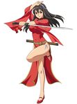  black_hair dress female long_hair official_art queen&#039;s_blade queen&#039;s_blade_rebellion queen's_blade queen's_blade_rebellion red_dress red_eyes smile solo sword tarnyan tarnyang_(queen's_blade) weapon 