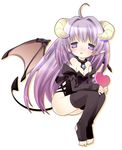  blush demon_tail heart horns no_panties original pointy_ears purple_eyes purple_hair simple_background solo tail thighhighs touko_(tokotoko) white_background wings 