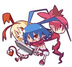  2girls antenna_hair bad_id bad_pixiv_id belt blonde_hair blue_hair blush_stickers bracelet chest demon_tail disgaea etna fang flonne hairband jewelry katsudansou laharl long_hair multiple_girls navel open_mouth pointy_ears red_hair red_scarf red_shorts scarf short_hair shorts sword tail twintails weapon white_background 