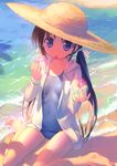  absurdres barefoot beach black_hair blue_eyes blue_swimsuit collarbone hat highres holding holding_spoon hood hood_down hoodie long_hair mouth_hold one-piece_swimsuit open_clothes open_hoodie original scan school_swimsuit shaved_ice sitting solo spoon sun_hat swimsuit swimsuit_under_clothes takoyaki_(roast) tongue tongue_out twintails wariza 