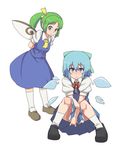  arms_behind_back ascot between_legs blue_eyes blue_hair blue_skirt blush bow cirno daiyousei detached_wings fairy_wings gazacy_(dai) green_eyes green_hair hair_bow hand_between_legs ice ice_wings kneehighs leaning_forward loafers multiple_girls neck_ribbon pointy_ears puffy_sleeves ribbon shoes short_hair short_sleeves side_ponytail sitting skirt skirt_set skirt_tug smile standing touhou white_background white_legwear wings 